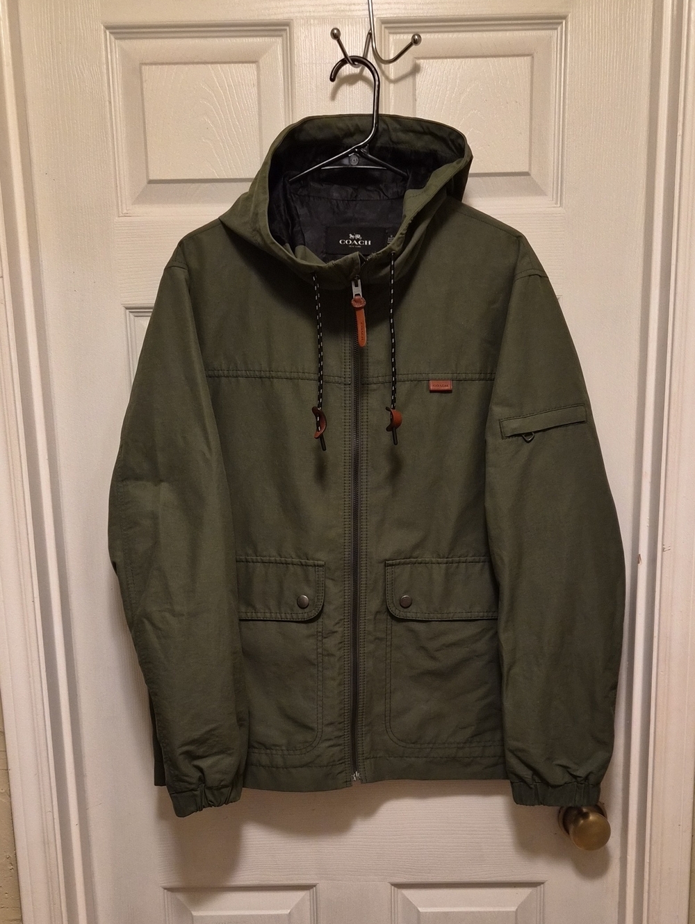 Coach Olive Green Hooded Field Jacket with Leather Trim